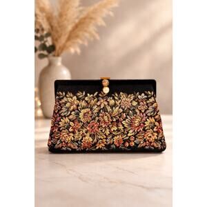 Harry Levine HL Black Floral Tapestry Evening Bag Clutch Vintage Kiss Clasp 50's